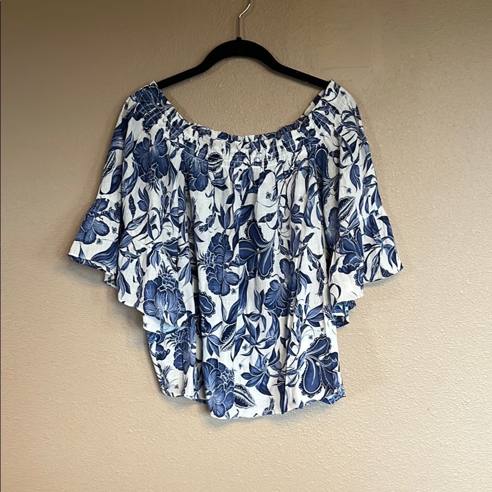 H&M Blue and White Ruffled Blouse